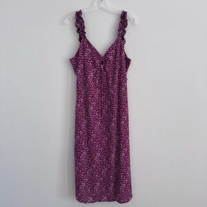 Sienna Sky Dress L Magenta White Print Ruffle Strap Midi Lined NWT